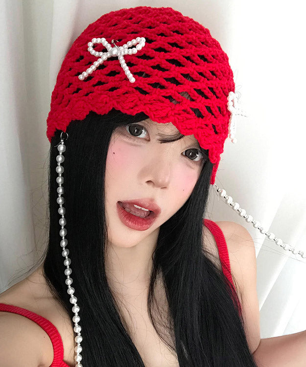 Korean Style Red Nail Bead Bow Hollow Out Boonie Hat