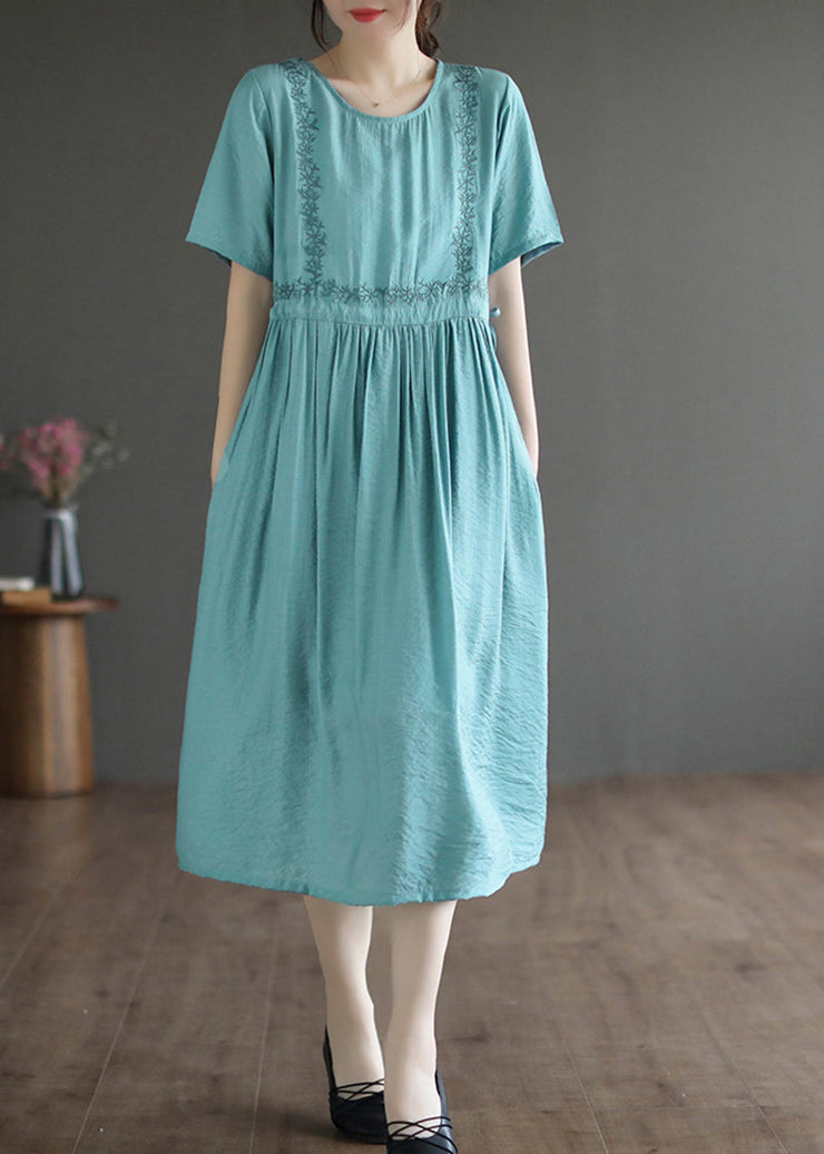 Lake Blue Cotton Maxi Dress Embroideried Summer