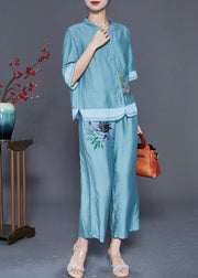 Lake Blue Patchwork Linen Silk Two Piece Set Women Clothing Embroidered Summer