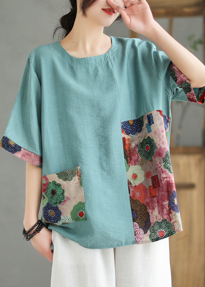 Lake Blue Print Patchwork Linen T Shirt Top O Neck Summer