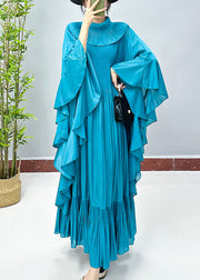 Lake Blue Wrinkled Cotton Long Dress Turtleneck Spring