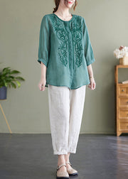 Lake Green Loose Linen Blouse Tops Embroidered Bracelet Sleeve