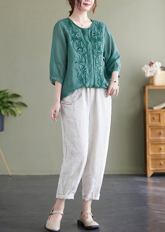 Lake Green Loose Linen Blouse Tops Embroidered Bracelet Sleeve