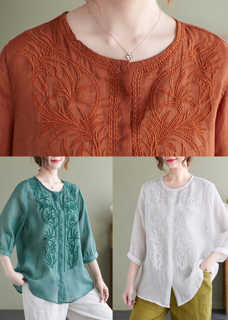 Lake Green Loose Linen Blouse Tops Embroidered Bracelet Sleeve