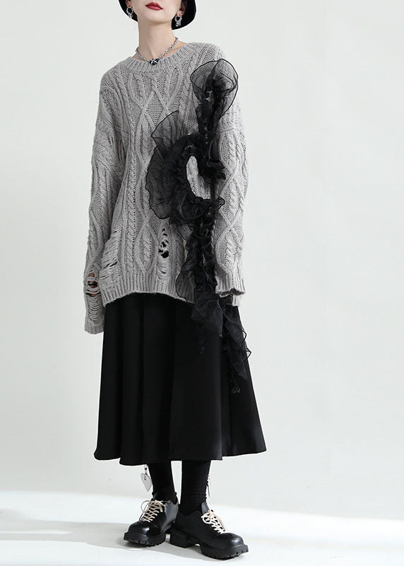 Lazy Grey Tulle Patchwork Ripped Knit Sweater Tops Winter