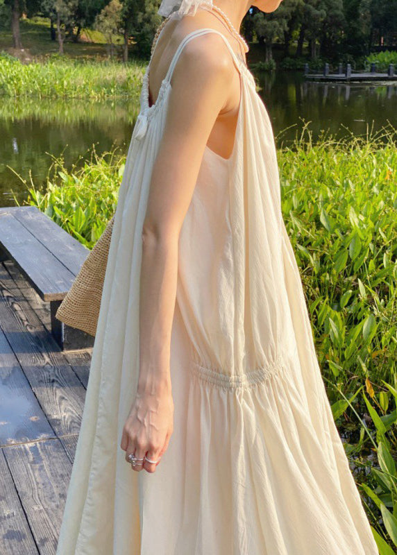 Leisure Apricot Wrinkled Spaghetti Strap Vacation Long Dress Sleeveless