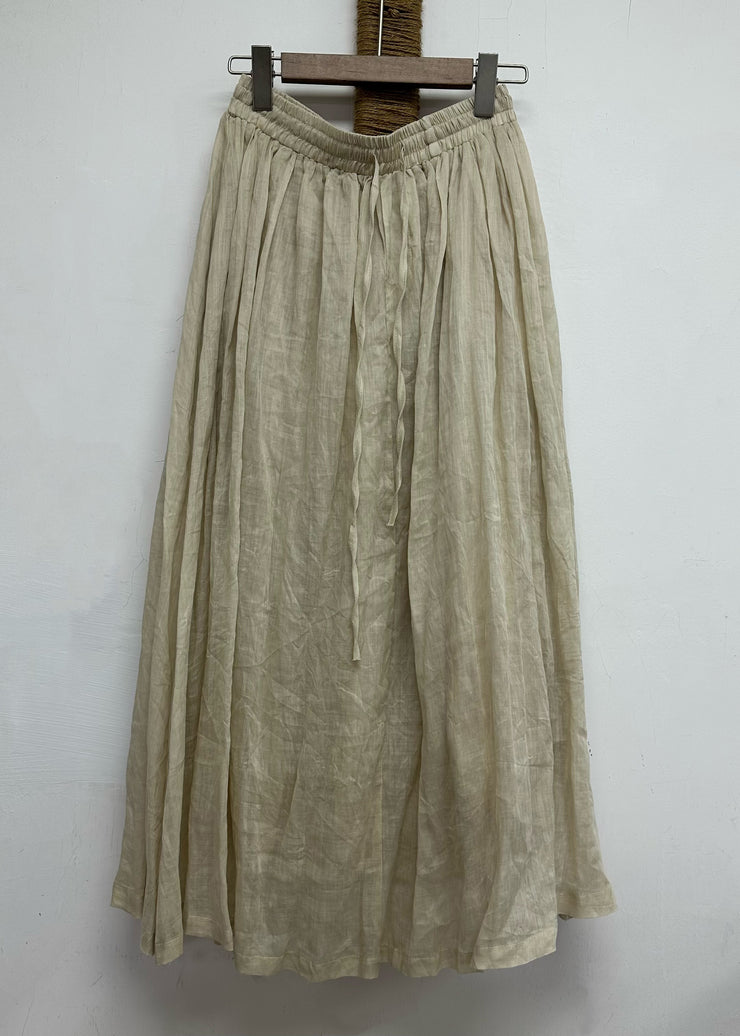 Leisure Khaki Elastic Waist Linen Long Skirt For Summer