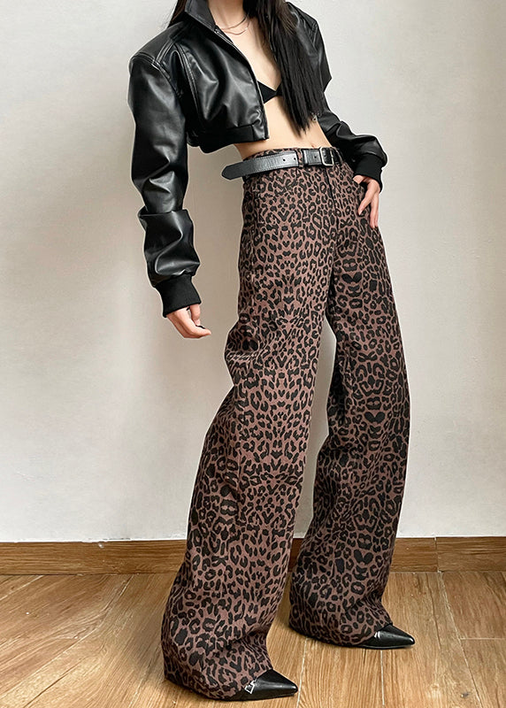 Leisure Versatile Leopard Print High Waisted Straight Leg Pants Spring