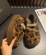 Leopard Faux Fur Stylish Splicing Nail Bead Flat Feet Shoes