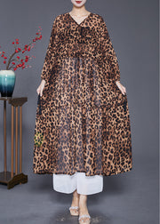 Leopard Print Chiffon Maxi Dresses Drawstring Lantern Sleeve