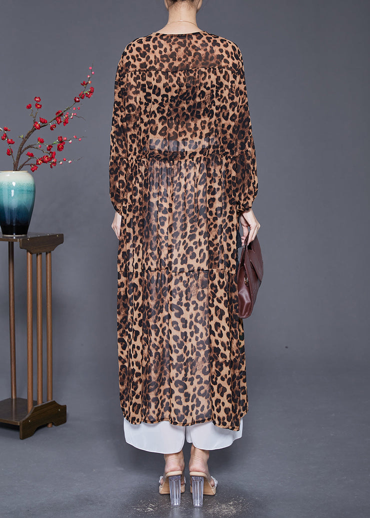 Leopard Print Chiffon Maxi Dresses Drawstring Lantern Sleeve