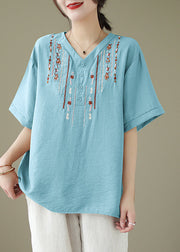 Light Blue Cotton Shirt Top Oversized Embroideried Summer