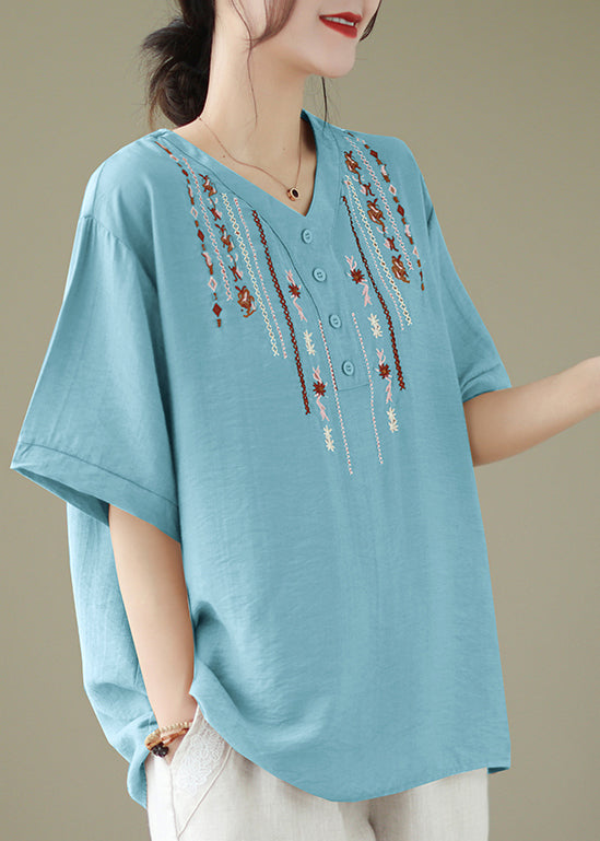 Light Blue Cotton Shirt Top Oversized Embroideried Summer