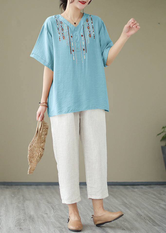 Light Blue Cotton Shirt Top Oversized Embroideried Summer