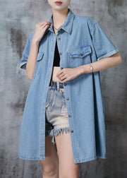 Light Blue Denim Day Dress Peter Pan Collar Pockets Summer