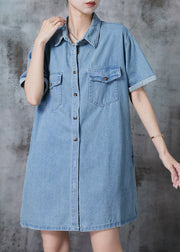 Light Blue Denim Day Dress Peter Pan Collar Pockets Summer