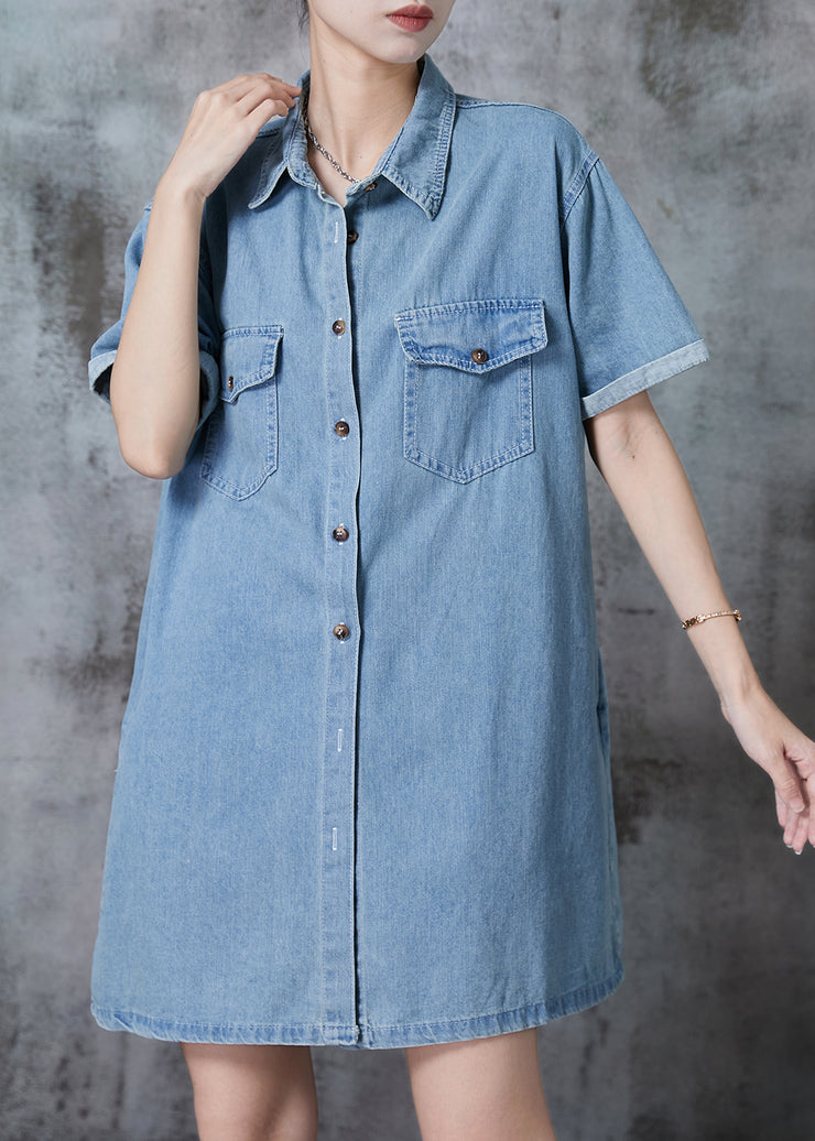 Light Blue Denim Day Dress Peter Pan Collar Pockets Summer