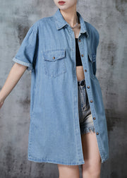 Light Blue Denim Day Dress Peter Pan Collar Pockets Summer