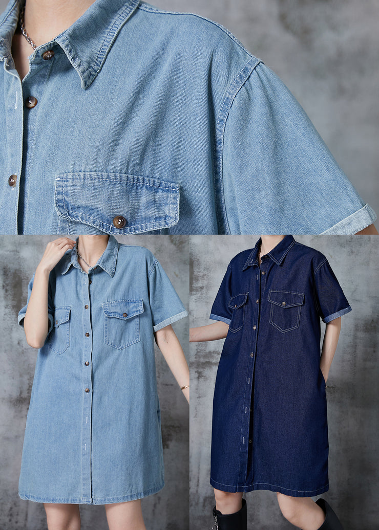 Light Blue Denim Day Dress Peter Pan Collar Pockets Summer