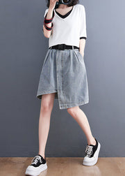 Light Blue Denim Skirts Asymmetrical Design Elastic Waist Summer