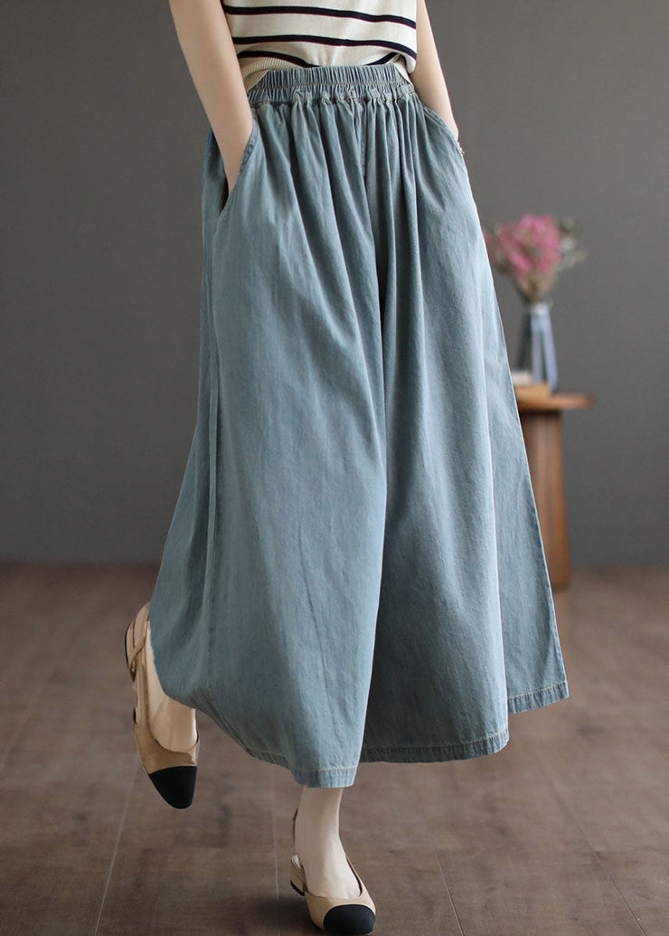 Light Blue Elastic Waist Wide Leg Pants Skirt