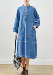 Light Blue Loose Cotton Mid Dress Stand Collar Pockets Fall