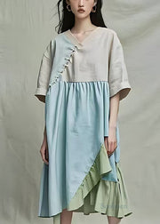 Light Blue Patchwork Cotton Dress Asymmetrical Summer