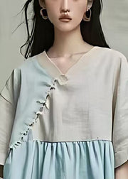 Light Blue Patchwork Cotton Dress Asymmetrical Summer