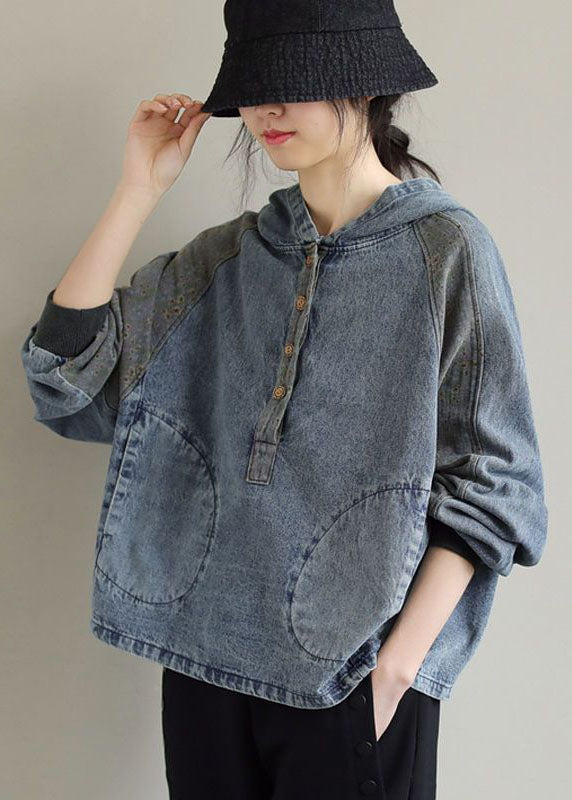 Light Blue Patchwork Denim Tops Hooded Long Sleeve