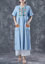 Light Blue Patchwork Linen Long Dress Embroideried Summer