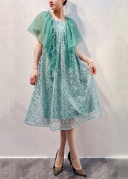 Light Blue Patchwork Tulle Dresses Ruffled Embroidered Summer