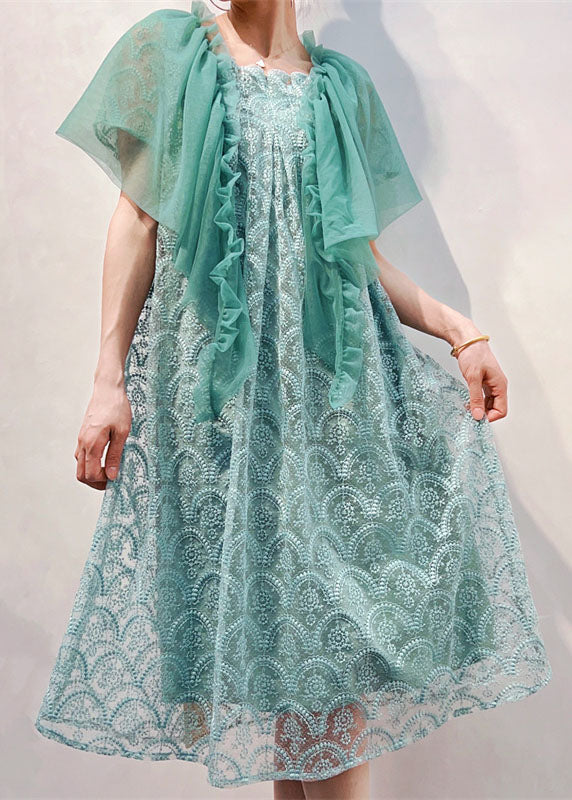 Light Blue Patchwork Tulle Dresses Ruffled Embroidered Summer