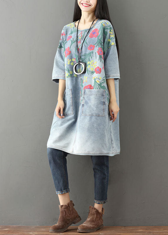 Light Blue Pockets Print Denim Mid Dress O Neck Summer