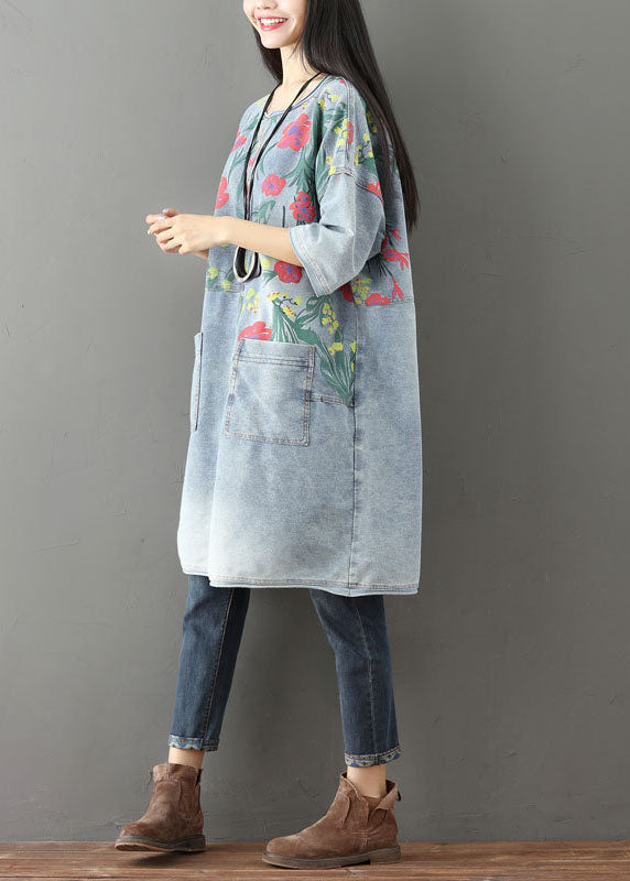 Light Blue Pockets Print Denim Mid Dress O Neck Summer