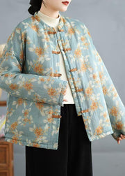 Light Blue Print Fine Cotton Filled Coats Vintage Stand Collar Spring