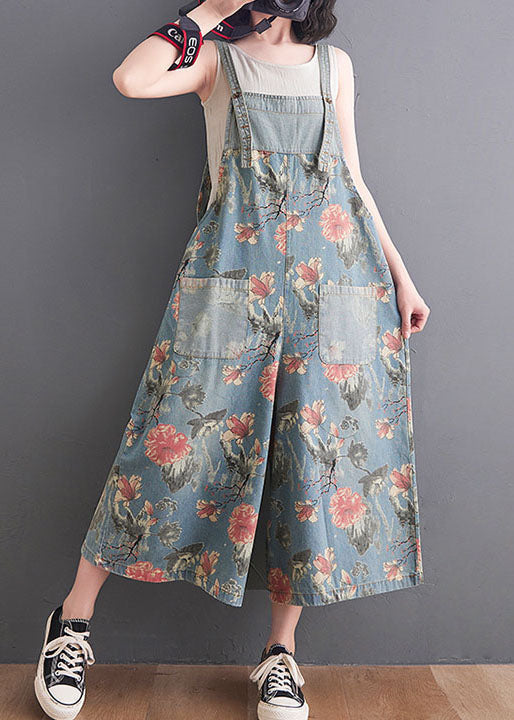 Light Blue Print Patchwork Denim Jumpsuit Pockets Summer