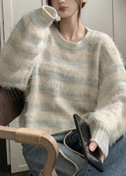 Light Blue Striped Cozy Mink Velvet Sweaters O Neck Spring