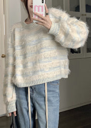 Light Blue Striped Cozy Mink Velvet Sweaters O Neck Spring