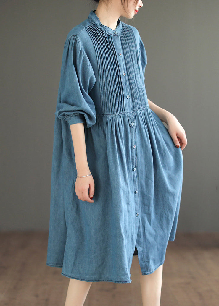 Light Blue Wrinkled Patchwork Denim O-Neck Dress Long Sleeve