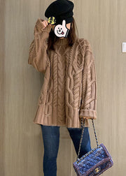 Light Camel Cable Knit Sweaters High Neck Oversized Winter