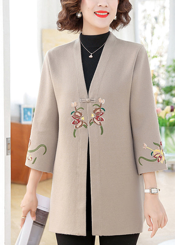 Light Camel Cotton Knit Coats Print Spring