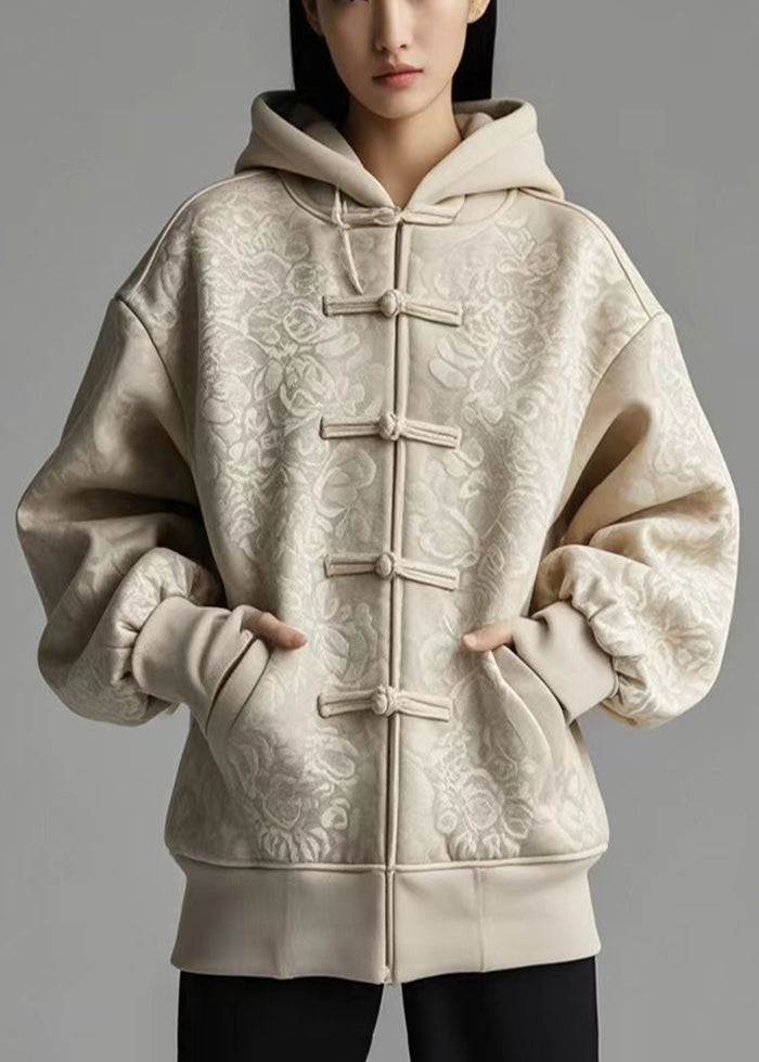 Light Camel Oversized Cotton Hooded Jacket Chinese Button Fall