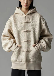 Light Camel Oversized Cotton Hooded Jacket Chinese Button Fall