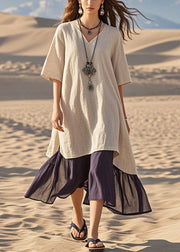 Light Camel Patchwork Cotton Vacation Dresses Oversized Summer