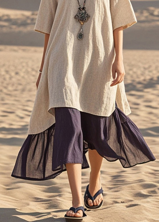 Light Camel Patchwork Cotton Vacation Dresses Oversized Summer