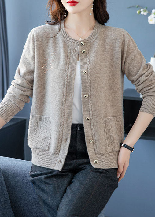 Light Camel Pockets Patchwork Wool Cardigans O-Neck Button Fall