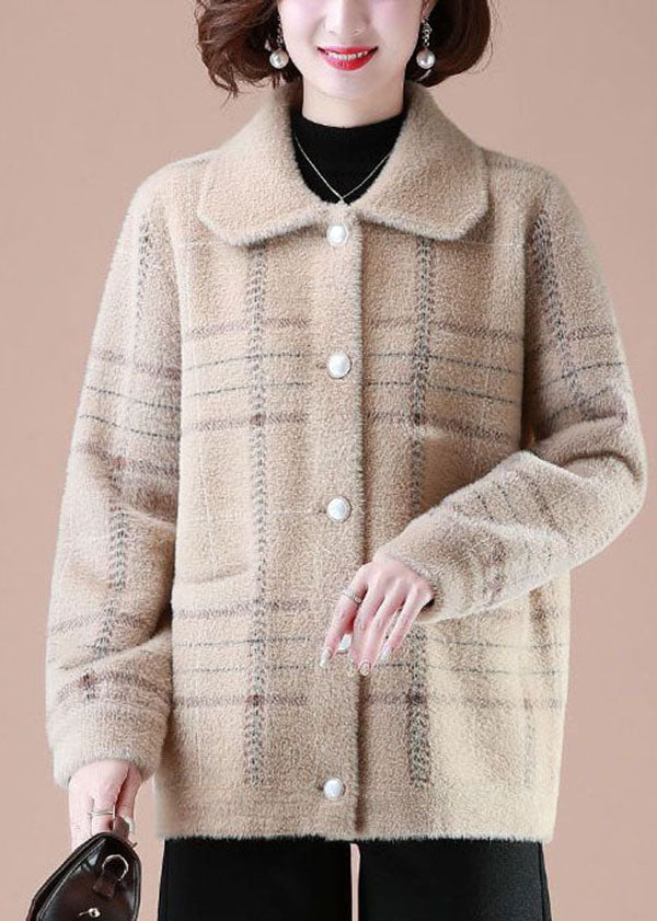 Light Camel Print Mink Hair Knitted Coats Square Collar Button Winter