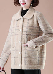 Light Camel Print Mink Hair Knitted Coats Square Collar Button Winter