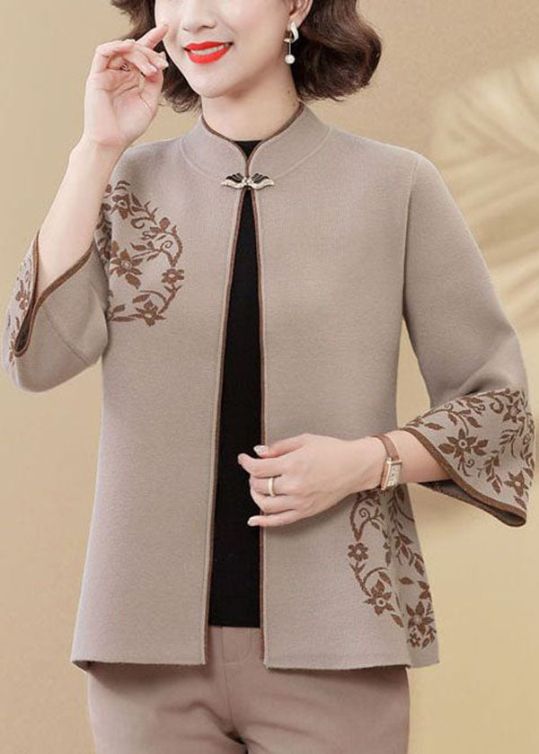 Light Camel Print Woolen Coats Stand Collar Bracelet Sleeve