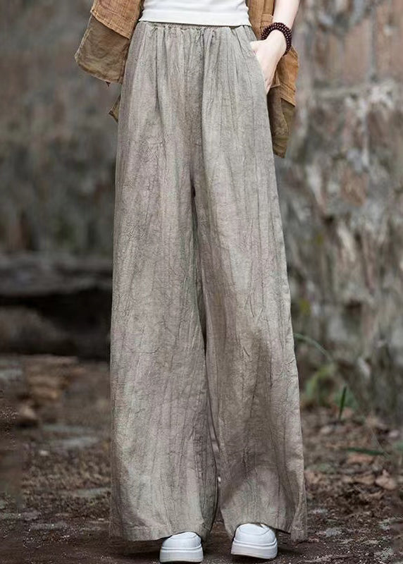 Light Camel Tie Dye Patchwork Elastic Waist Linen Wide Leg Pants